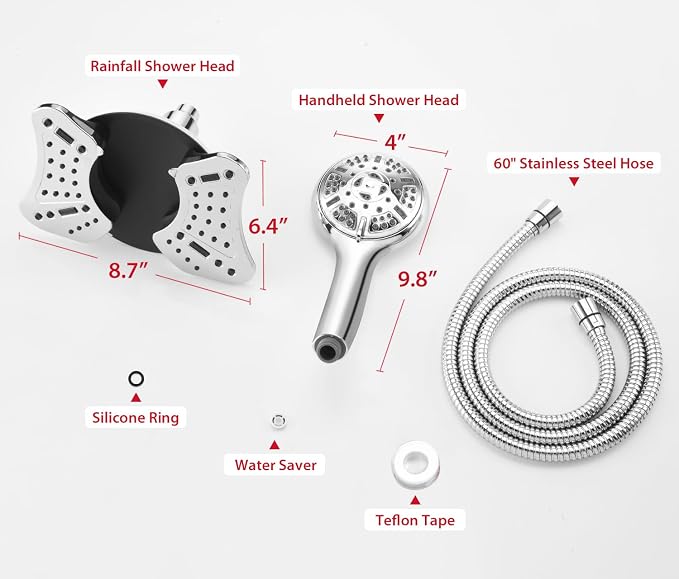 GRICH Shower Head with Handheld Spray - Dual High Pressure Showerhead | Rainfall Shower Heads Combo, Detachable Hand Shower, 9 Spray Settings, 60" Stainless Steel Shower Hose, 1.8GPM, Chrome