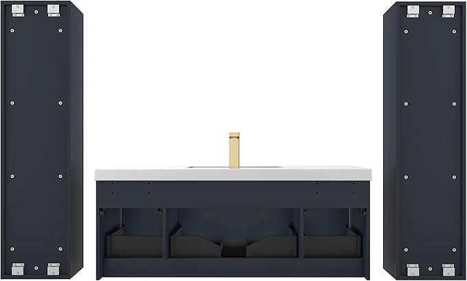 Blossom 48 Inch Bathroom Vanity with Sink and 2 Side Cabinets, All Wood Wall Mounted Floating Bathroom Vanity Cabinet with Acrylic Sink, Soft-Close Drawers, Bathroom Vanities, Night Blue