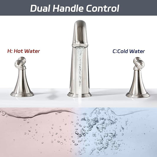 Bathroom Faucet Widespread 3 Hole, 6–16 Inch Vanity Sink Faucet with 2 Handles, Drip-Free Ceramic Disc Valve, Solid Brass, Push Pop-Up Drain Assembly Included