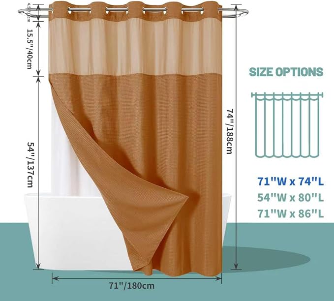 No Hook Waffle Shower Curtain with Snap-in Liner, 71x74 Inch, Burnt Orange | 230 GSM waffle weave fabric, waterproof liner set with 2 bottom magnets, mesh top window, washable, for bathroom or hotel use