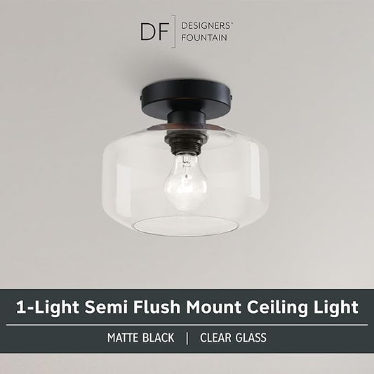 Designers Fountain Semi Flush Mount Ceiling Light, 8.75 Inch Clear Glass Lighting Fixture for Kitchen, Bedroom, Bathroom, and Hallway, Matte Black, D335M-SF-MB