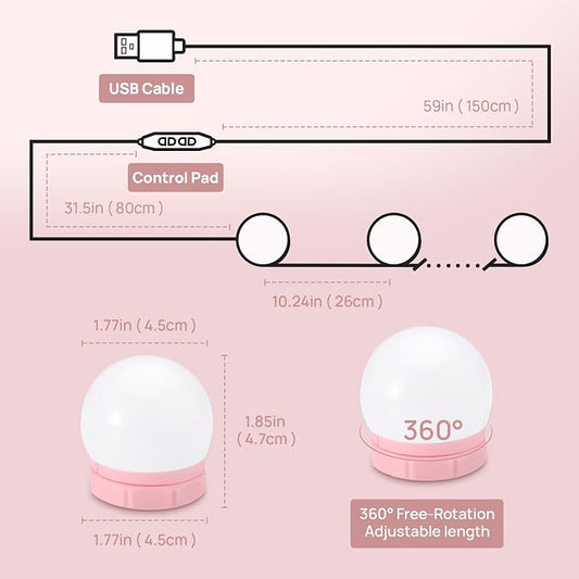 Consciot LED Vanity Lights for Mirror, Hollywood Style 10 Dimmable Bulbs | Adjustable Color & Brightness, USB Cable, Mirror Lights Stick on for Makeup Table Dressing Room Mirror