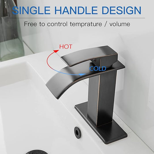 BWE Waterfall Bathroom Faucet Oil Rubbed Bronze Faucet for Bathroom Sink 1 Hole Single Handle Modern Vanity Faucet Lavatory Bath Mixer Tap with Pop Up Drain Assembly with Overflow and Supply Line