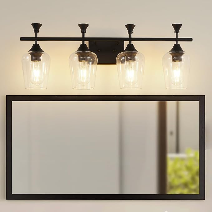 Bathroom Light Fixtures (4-Light, 29 Inch), Matte Black Vanity Lights for Bathroom with Clear Wine Glass Glass Shade, Modern Vanity Wall Lights for Mirror Bedroom Living Room Kitchen Hallway Porch