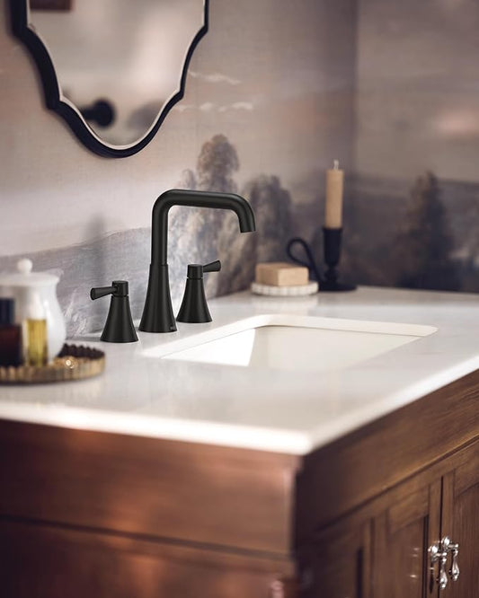 Moen Ronan Matte Black Two-Handle Widespread Modern Double Bend Bathroom Faucet, Valve Included, 84026BL