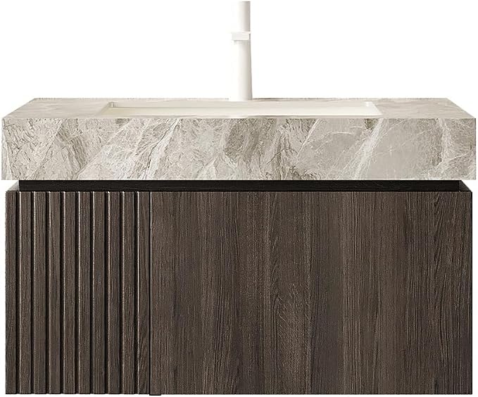 KEIKI 30 Inch Floating Bathroom Vanity with Sink, Espresso & Grey | Modern Wall Mounted Storage Cabinet w/ Drawer & Door, Pre-assembled Wood Panels, Sintered Stone Top & Ceramic Basin Combo Set