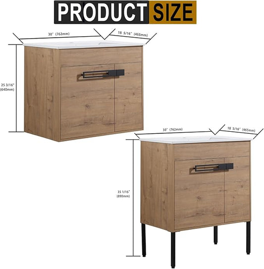 SSLine 2-in-1 Wall Mounted & Free Standing Bathroom Vanity with Sink Modern 30" Bathroom Vanity with Top Basin&Storage Cabinet Brown Oak Wood Bath Vanity w/Ceramic Sink for Small Space-Legs Removable