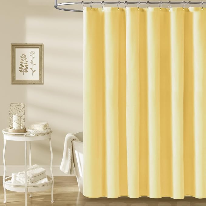 Long Linen Textured Waterproof Thick Shower Curtain Set, 72x84, Yellow | Tall Size, 230GSM Polyester, Heavy Duty Cloth, Weighted Hem, 12 Plastic Hooks, Modern Luxury Hotel Style, Machine Washable