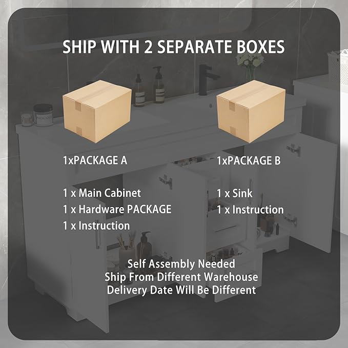 60 Inch Bathroom Vanity with Sink,Modern Solid Wood Bathroom Storage Vanity w/Undermount Double Sink, Quick Assemble Cabinet w/Soft Closing Doors & Full Extension Drawers,White