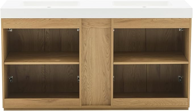 60" Bathroom Vanity with Double Sink, Freestanding Double Sink Bathroom Vanity with White Engineered Stone Top, Open Storage Cabinet & Adjustable Shelf, 4 Soft-Closing Doors, Light Oak
