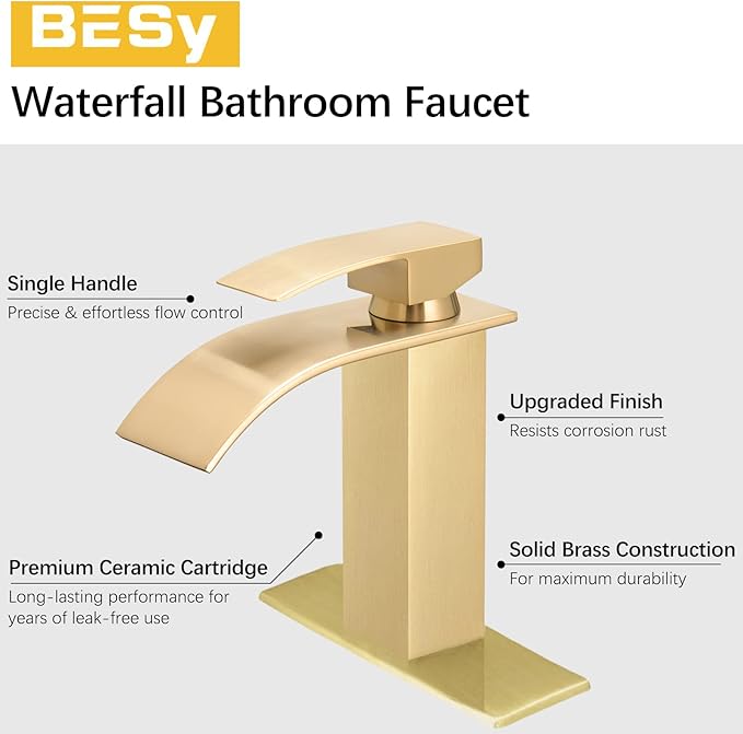 BESy Waterfall Spout Bathroom Faucet, Single Handle Bathroom Sink Faucets, Rv Vessel Faucet Basin Mixer Tap with Deck Plate, cUPC Waterlines, Brushed Gold