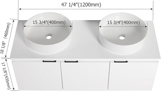 48 Inch Bathroom Vanity with Sink, 48" Floating Bathroom Vanity with Double Vessel Sinks, Modern Wall Mounted Cabinet Set, White Storage Cabinet with 3 Soft Close Doors and 2 White Ceramic Basin Sinks