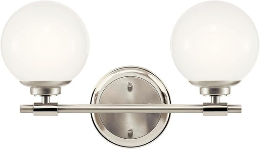 Kichler Benno 2-Light Vanity, Modern Light with Opal Glass in Polished Nickel and Brushed Nickel, for Bathroom or Powder Room (8.75" x 14.75"), 55171PN