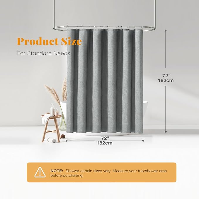 Grey Linen Textured Waterproof Fabric Shower Curtain Set, 72x72, Gray | 230GSM Polyester, Heavy Duty Cloth, Weighted Hem, 12 Plastic Hooks, Modern Hotel Style, Machine Washable, Bathroom Decor