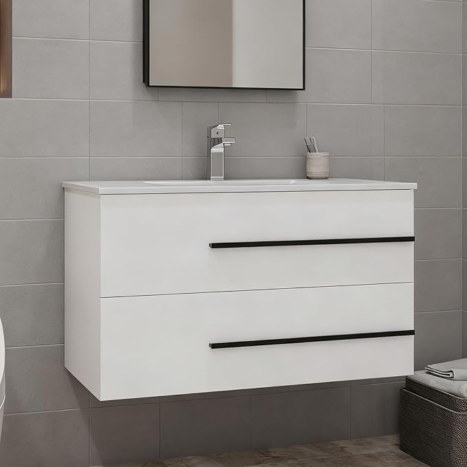 36 inch Floating Bathroom Vanity with Sink, Space Saving Fluted Design for Small Bathrooms, Soft Closing Drawers & Black Handles White