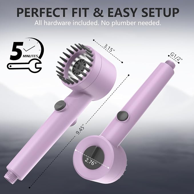 Filtered Shower Head with Handheld, High Pressure Water Flow and Multiple Spray Modes Shower Head with Filter, Power Wash for Hard Water, Showerhead with ON/OFF Switch for Pets Bath (Purple) | ON/OFF Switch,4 Spray,Built-in Power Wash,Detachable Shower...
