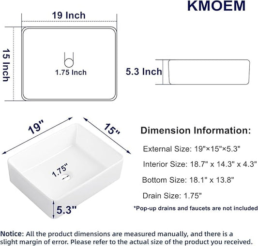 Vessel Sink 19"x15" Rectangular Bathroom Sink Modern White Porcelain Ceramic Above Counter Drop-in Vanity Sink for Bathrooms Art Basin