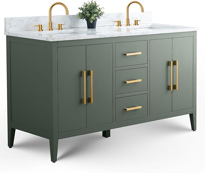 Vanity Art 60 inch Bathroom Vanity with Double Sink & Ceramic Top, Vanity Cabinet with Soft-Closing Doors, Drawers, Solid Wood Frame, Vintage Green, VA9060-DVG-GB1