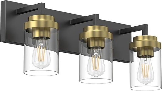 Espird Bathroom Lighting Fixtures, 3-Light Bathroom Vanity Lights Over Mirror, Black and Gold Vanity Light with Glass Shade, Modern Vanity Lighting Fixtures for Bathroom, Bedroom, Hallway