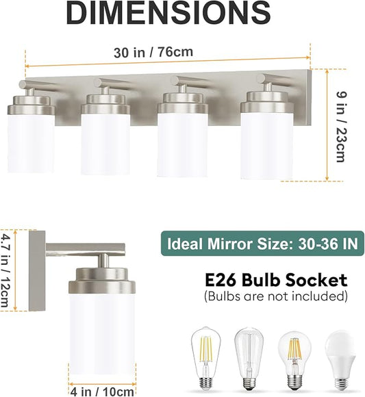 IZORRO Bathroom Vanity Light Fixture, 4-Light 30 Inch Brushed Nickel Bathroom Light Fixtures Over Mirror, with White Glass Shade, Modern Farmhouse Vanity Lights, Rustic Restroom Lighting Fixtures