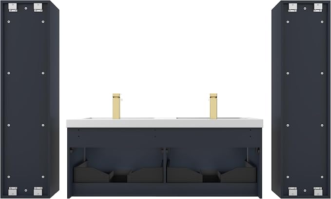 Blossom 48 Inch Floating Bathroom Vanity with Side Cabinets - Solid Wood Wall Mounted Modern Double Sink Cabinet Set - Night Blue Narrow 18" Depth - Integrated Acrylic Top & Soft-Close Drawers