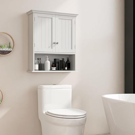 Giantex Bathroom Cabinet Wall Mount, Medicine Cabinet with Adjustable Shelf, Open Shelf, Over The Toilet Space Saver Storage Organizer for Laundry Room, Kitchen, Cupboard (White)