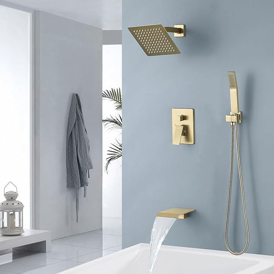 JOYWELL Bathroom Shower Faucets sets Complete Brushed Gold Bath tub Shower Faucet set with 8" Shower Head/Handheld Shower and Tub Faucet Combo