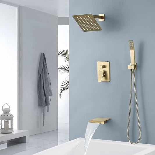JOYWELL Bathroom Shower Faucets sets Complete Brushed Gold | Bath tub Shower Faucet set with 8" Shower Head,Handheld Shower Sprayer and waterfall Tub Faucet Combo