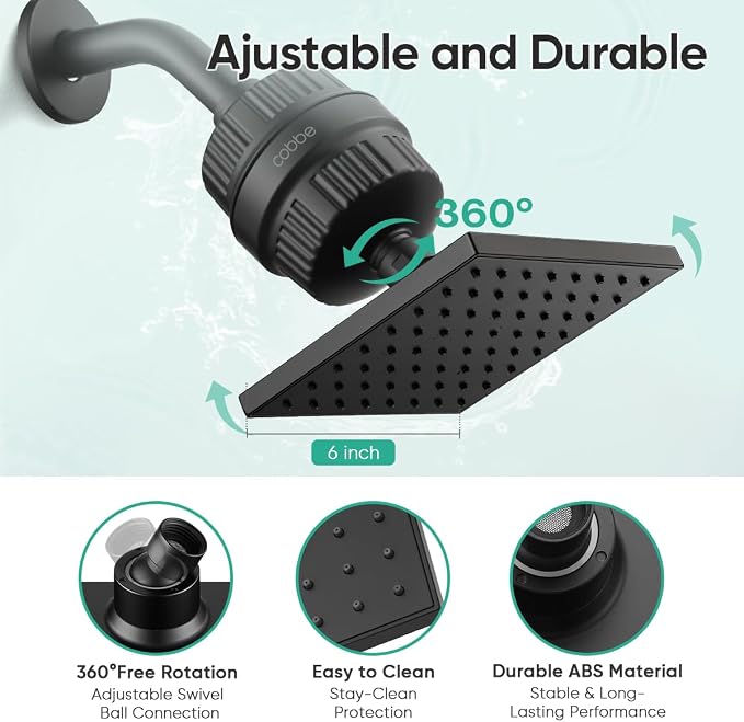Cobbe High Pressure Filtered Shower Head with Filters for Hard Water Combo | Rain Showerheads with 20 Stage Water Softener for Healthier Skin & Hair Remove Chlorine and Harmful Substances, Matte Black