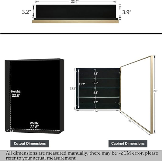 Medicine Cabinet with Mirror Recessed or Surface Mount Farmhouse Style Single Door Mirror Cabinet Square Bathroom Storage, Brushed Gold, 24x24 Inch