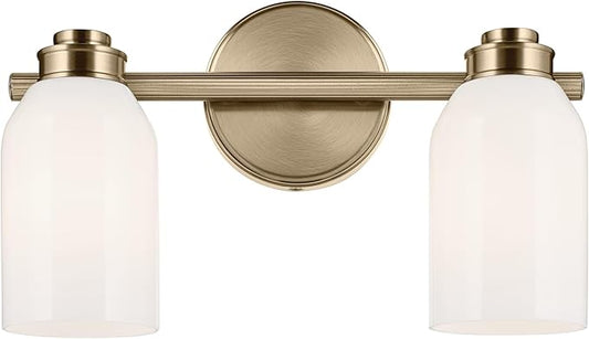 Kichler Shae 15" 2-Light Vanity Light with White Opal Glass in Champagne Bronze, for Bathroom Vanity, Powder Room, Over a Mirror, (15" W x 9" H), 55201CPZ