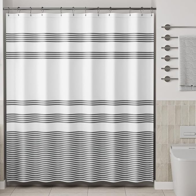 AmazerBath Shower Curtain, Washable Cloth Black Shower Curtain Sets with 12 Shower Curtain Hooks, Fabric Rustic Black and White Striped Curtain, Farmhouse Bathroom Curtains, 72x72 Inches