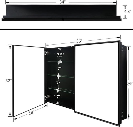 Medicine Cabinet with Aluminum Framed Mirror,36"x32" Surface Mount or Recessed Mount Bathroom Vanity Mirror,Single Door Bathroom Mirror with Storage Cabinet