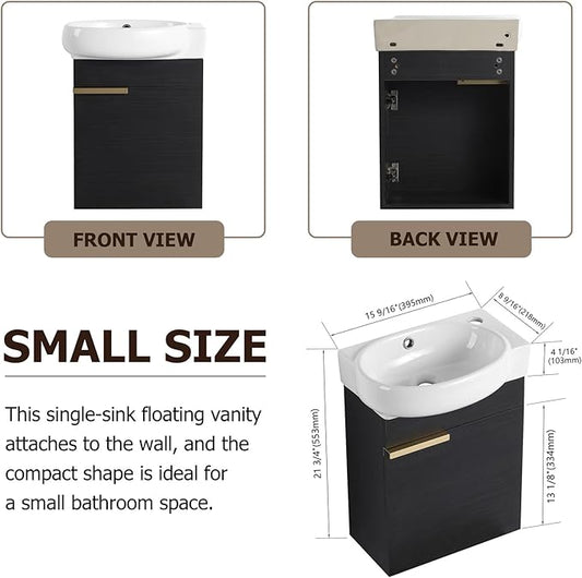 17'' Wall Mounted Bathroom Vanity Sink Combo for Small Space, Modern Bathroom Vanity Set with Ceramic Sink Top, Hanging Garage Vanities Compact Floating Small Cabinet for Bath Room, Black