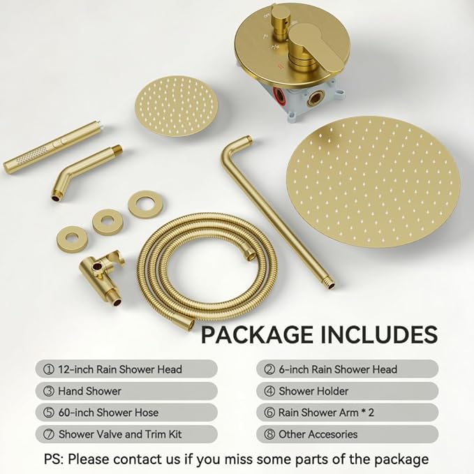 Shower Systems STARBATH 12+6" Round Dual Rainfall Shower Head with Handheld Spray for Two People, Wall Mounted 3 Way Rain Shower Faucet Sets Complete, Included Valve and Trim Kit, Brushed Gold