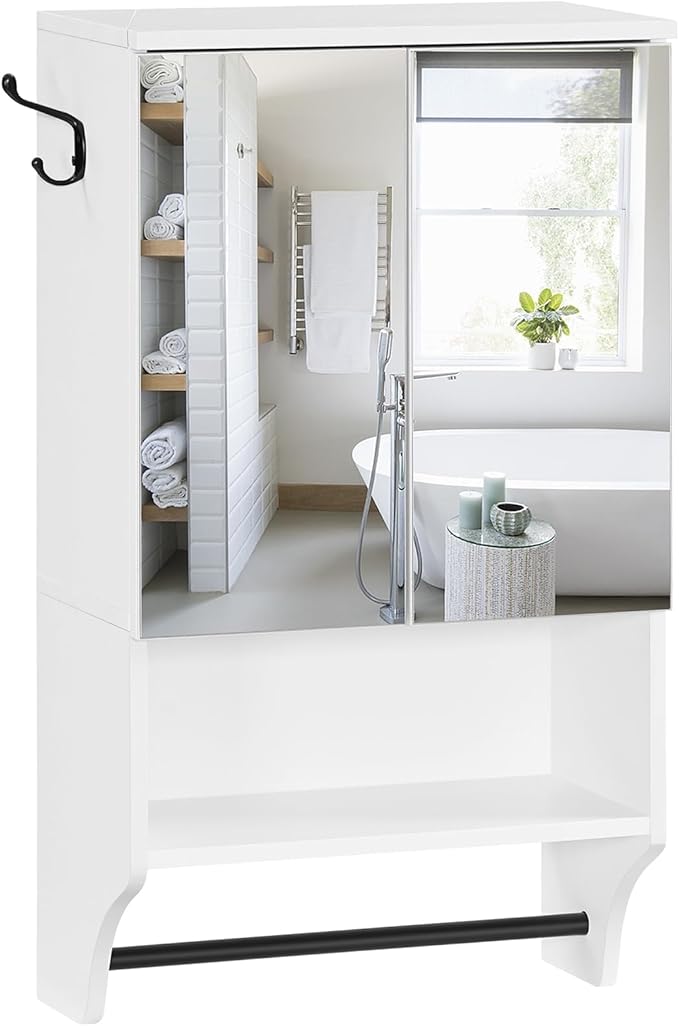 Bathroom Wall Cabinet with Mirror, Medicine Cabinet with 2 Door and Adjustable Shelf, Wall Mounted Over The Toilet Storage Cabinet with Towel Bar for Bathroom Laundry Room Kitchen, White