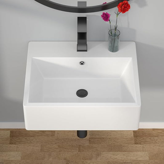 Wallmounted Bathroom Vessel Sink - 20"x17" Rectangular Floating Wall Hung Sinks Ceramic Wash Hand Basin White Wall Mount Vanity Sink for Mordern Bathroom