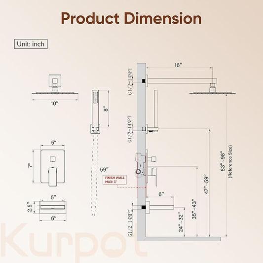 Kurpot Shower System with Tub Spout, All Metal Matte Black Shower Faucet Set with Valve, 10'' Rain Shower Head with Handheld Spray, 59'' Shower Hose and Diverter, Wall Mounted Bath Tub Faucet Set