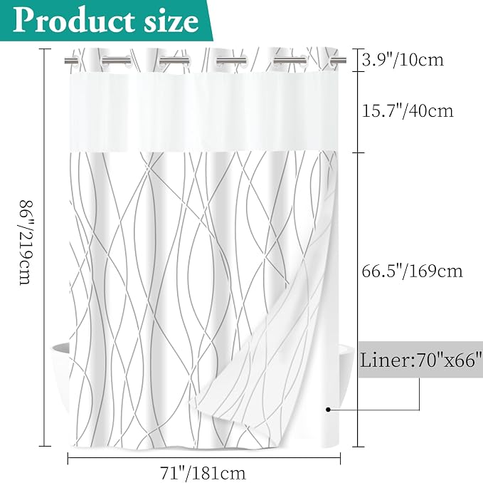No Hook Shower Curtain with Liner, Grey Shadow, 71 x 74 Inch | Stripe Pattern,Waterproof,Quick Dry,Mesh Top Window,Bottom Magnets,Hotel Style,Machine Washable,Modern,for Bathroom