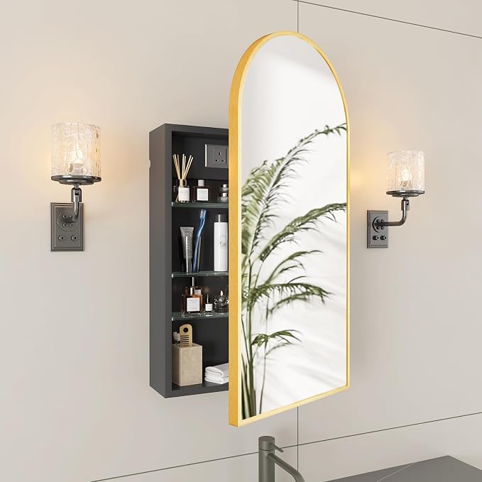 FKWin Medicine Cabinet Mirror with Power Outlet, Surface Mount, 20x34 Inch | Built-in Power Outlet, Adjustable Bathroom Storage, Reversible Left or Right Door, Surface Mount Design, Gold