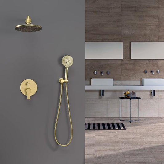 Iriber Shower System Wall Mounted Shower Faucet Mixer Set with Luxury High Pressure Shower head and 3-Setting Handheld, Bathroom Shower Trim Kit Contain Pressure Balance Valve,Brushed Gold
