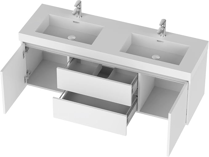 Vanity Art 60 Inch Double Sinks Wall Mounted Bathroom Vanity Set 2 Drawers 4 Shelves Storage Cabinet with White Engineered Stone Top Undermount Rectangle Sinks High-Glossy