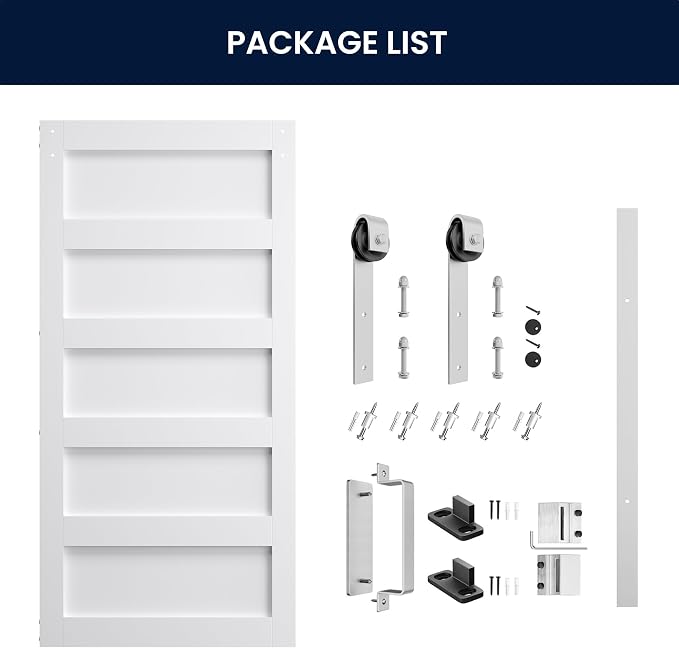 SMARTSTANDARD 40x84 inch White Barn Door with 7FT Silver Hardware Track | Solid MDF Slab, Waterproof PVC Surface, 5-Panel, Suitable for Openings up to 38in x 82in