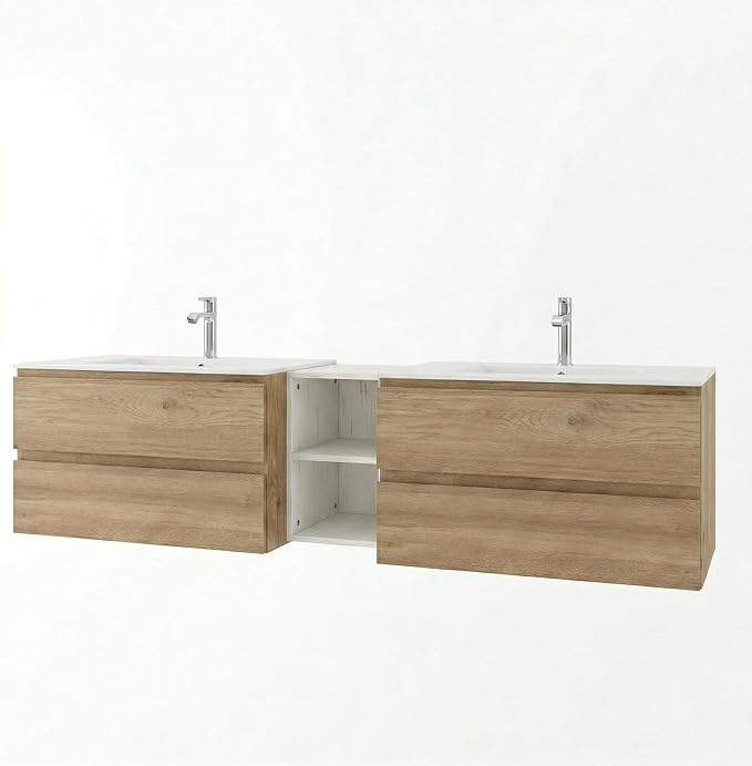 72" Modern Floating Double Sink Bathroom Vanity, Wall Mounted Bathroom Cabinet with U-Shaped Drawers, Beveled Invisible Handles Open Side Shelf, FSC Certified Wood Veneer (White, 72 lnch)