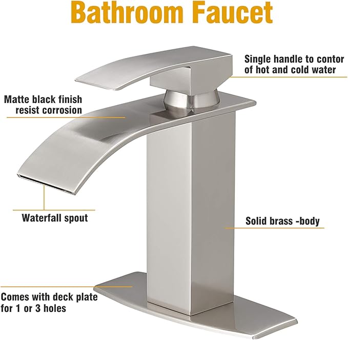 BESy Waterfall Bathroom Faucet, Single Handle Bathroom Vanity Sink Faucet, Rv Faucet Deck Plate, Stainless Steel Brushed Nickel, 1 or 3 Hole with Pop Up Drain