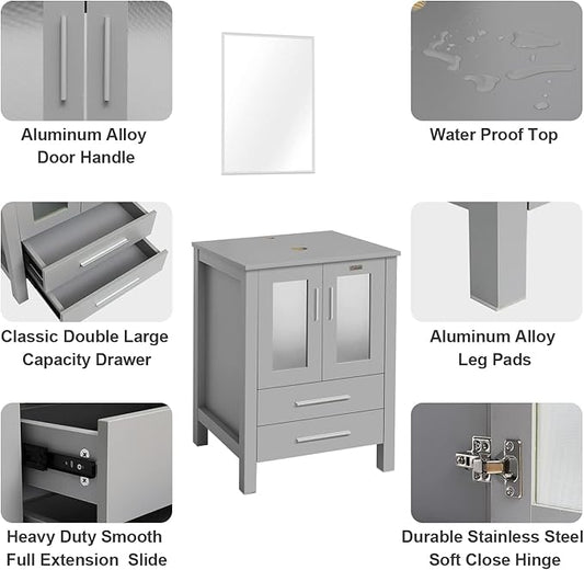 eclife 84" Modern Bathroom Vanity Sink Combo Freestanding Cabinet with Small Side Cabinet, White Black Ceramic Vessel Sink, Water Save Faucet, Drain (Gray+T03BK)