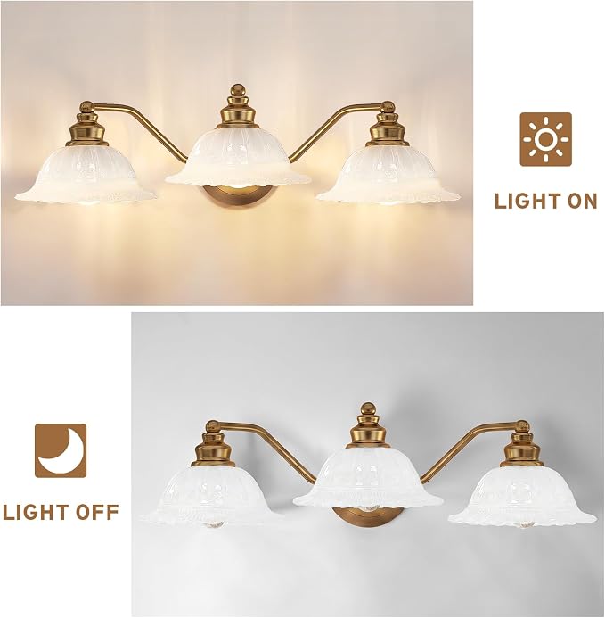 Redluck Vintage Bathroom Vanity Light Fixture, 3-Light Bathroom Lighting Fixtures Over Mirror, Antique Brass Finish with Milk Glass Crystal Glass Shade, Wall Sconces Lighting for Bedroom, Living Room