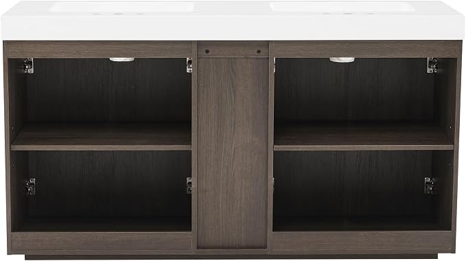 60 Inch Bathroom Vanity with Double Sink, Freestanding Double Sink Bathroom Vanity with White Engineered Stone Top, Open Storage Cabinet & Adjustable Shelf, Smoked Oak Brown (3 Holes)