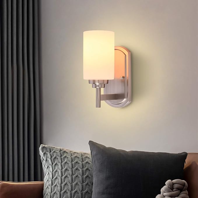 Modern Wall Sconce Set of 2, Satin Nickel Bathroom Vanity Lights | Bathroom Vanity Lighting Fixtures,White Frosted Glass Shade, For Entryway Over Mirror Living Room Bedroom