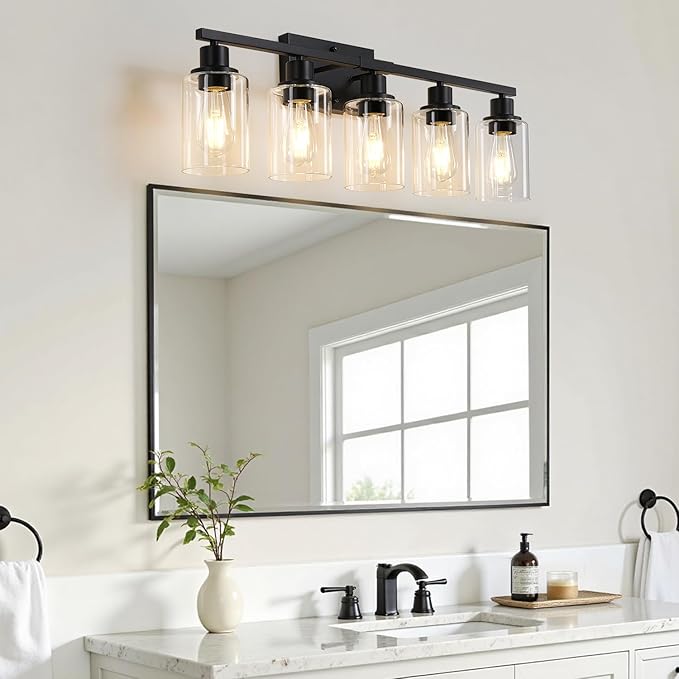 5-Light Bathroom Light Fixtures, Vanity Light with Clear Glass Shades, Matte Black Bathroom Light Fixtures Over Mirror, Modern Bathroom Wall Lamp for Mirror Living Room Cabinet Bedroom